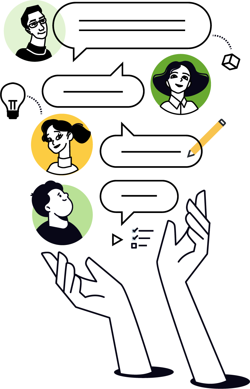 Illustration zweier Hände über welche Sprechblasen und Personen schweben