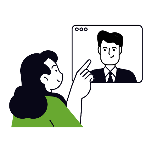 Illustration einer Person die auf einem Bildschirm auf eine andere Person zeigt