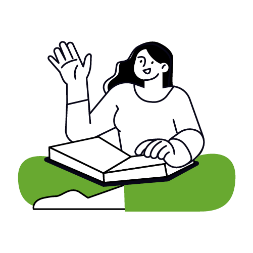 Illustration einer Person die ein offenes Buch im Schoß hält